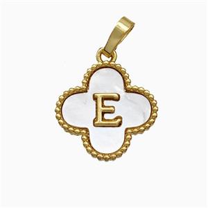 Copper Clover Pendant Pave Shell Letter-E 18K Gold Plated, approx 16mm