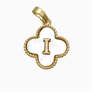 Copper Clover Pendant Pave Shell Letter-I 18K Gold Plated, approx 16mm