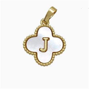 Copper Clover Pendant Pave Shell Letter-J 18K Gold Plated, approx 16mm