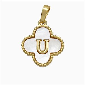 Copper Clover Pendant Pave Shell Letter-U 18K Gold Plated, approx 16mm