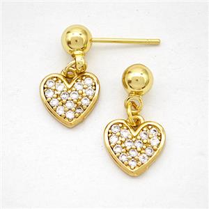 Copper Heart Stud Earrings Pave Zirconia Gold Plated, approx 9.5mm, 5mm