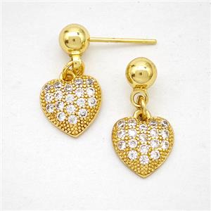 Copper Heart Stud Earrings Pave Zirconia Gold Plated, approx 10mm, 5mm