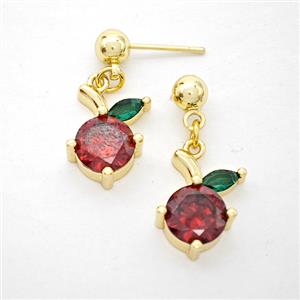 Copper Cherry Stud Earrings Pave Zirconia Gold Plated, approx 8-15mm, 5mm