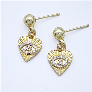 Copper Heart Eye Stud Earrings Pave Zirconia Gold Plated, approx 10mm, 5mm