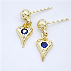 Copper Heart Stud Earrings Pave Zirconia Gold Plated, approx 8-10mm, 5mm