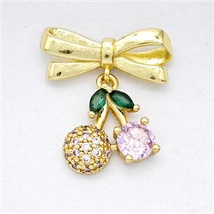 Copper Bowknot And Cherry Earrings Pave Zirconia Gold Plated, approx 10-12mm, 7-17mm