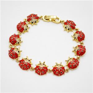 Copper Ladybug Bracelets Pave Zirconia Red Enamel Gold Plated, approx 9-12mm, 17cm length