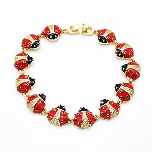Copper Ladybug Bracelets Pave Zirconia Red Enamel Gold Plated, approx 9-12mm, 17cm length
