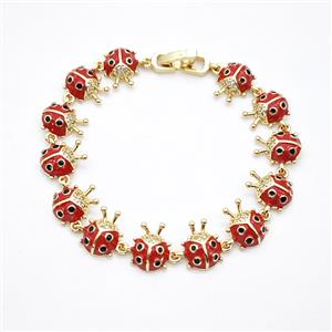 Copper Ladybug Bracelets Pave Zirconia Red Enamel Gold Plated, approx 9-12mm, 17cm length