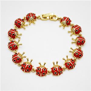 Copper Ladybug Bracelets Pave Zirconia Red Enamel Gold Plated, approx 9-12mm, 17cm length