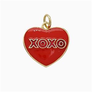 Copper Heart Pendant XOXO Red Enamel Gold Plated, approx 14-15mm