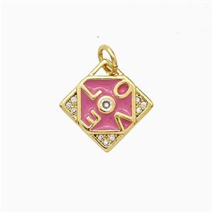 Copper LOVE Pendant Pave Zirconia Pink Enamel Square Gold Plated, approx 11mm