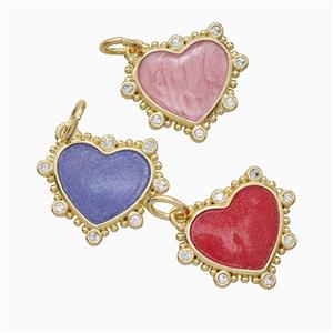 Copper Heart Pendant Pave Zirconia Painted Gold Plated Mixed, approx 15mm