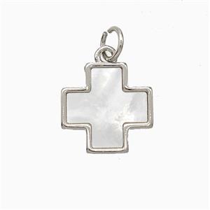 Copper Cross Pendant Pave Shell Platinum Plated, approx 13mm