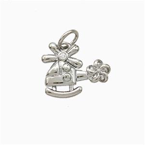 Helicopter Charms Copper Pendant Pave Zirconia Airplane Platinum Plated, approx 12-14mm