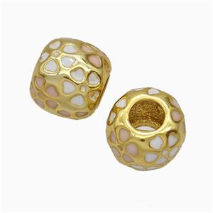 Copper Round Beads White Heart Enamel Large Hole Gold Plated, approx 9.5-11mm, 5mm hole