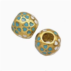 Copper Round Beads Turqblue Heart Enamel Large Hole Gold Plated, approx 9.5-11mm, 5mm hole