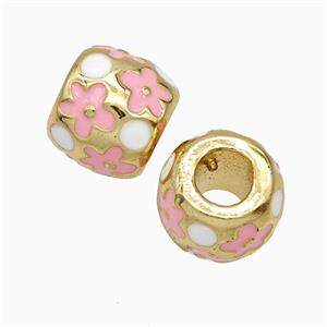 Copper Round Beads Pink Flower Enamel Large Hole Gold Plated, approx 9.5-11mm, 5mm hole