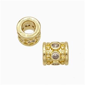 Copper Tube Beads Pave Zirconia Large Hole Gold Plated, approx 7-8mm, 4mm hole