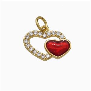 Copper Heart Pendant Pave Zirconia Red Painted Gold Plated, approx 9-14mm