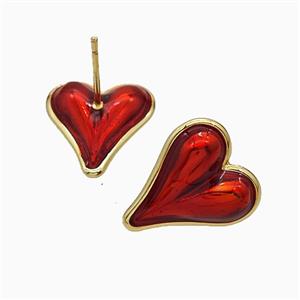 Copper Heart Stud Earrings Red Painted Gold Plated, approx 15-17.5mm