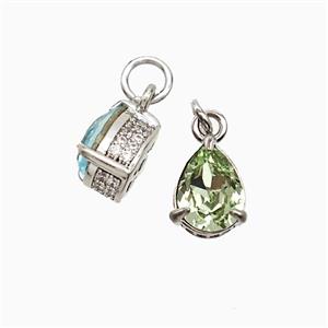 Copper Teardrop Pendant Pave Zirconia Green Crystal Glass Platinum Plated, approx 7-8mm