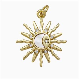 Copper Sun Moon Pendant Pave Zirconia Shell Gold Plated, approx 20mm
