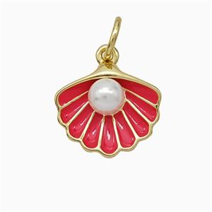 Scallop Shell Charms Copper Pendant Pave Resin Red Enamel Gold Plated, approx 12-14mm