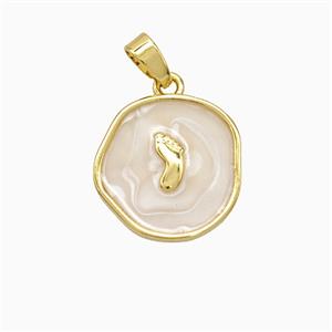 Copper Footprint Pendant White Painted Circle Gold Plated, approx 15mm