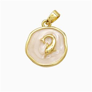 Copper Dolphin Pendant White Painted Circle Gold Plated, approx 15mm
