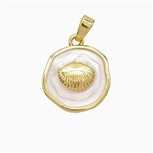 Copper Scallop Shell Pendant White Painted Circle Gold Plated, approx 15mm