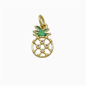 Copper Pineapple Pendant Pave Zirconia Green Painted Gold Plated, approx 8-13mm