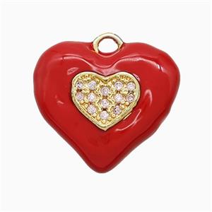 Copper Heart Pendant Pave Zirconia Red Enamel Gold Plated, approx 20mm