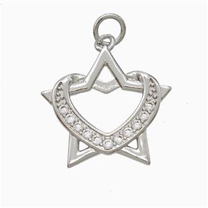 Copper Star Heart Pendant Pave Zirconia Platinum Plated, approx 19mm