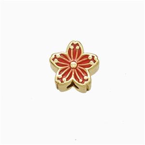 Copper Flower Beads Red Enamel Gold Plated, approx 8mm
