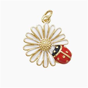 Copper Sunflower Pendant White Enamel Ladybug Gold Plated, approx 16mm