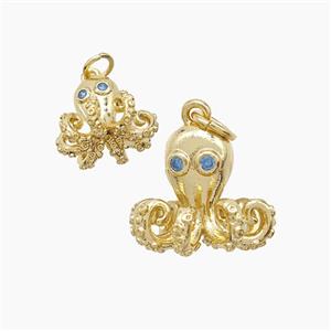 Copper Octopus Pendant Pave Zirconia Gold Plated, approx 12-14mm