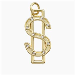 Dollar Sign Charms Copper Pendant Pave Zirconia Gold Plated, approx 10-20mm
