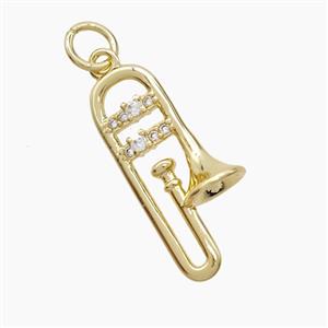 Copper Trombone Pendant Pave Zirconia Musical Gold Plated, approx 9.5-20mm