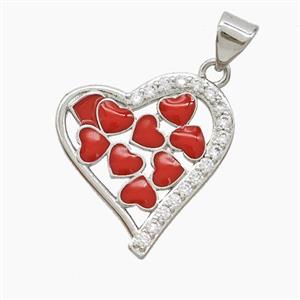 Copper Heart Pendant Pave Zirconia Red Enamel Platinum Plated, approx 18-20mm