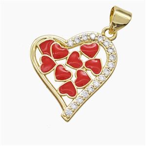 Copper Heart Pendant Pave Zirconia Red Enamel Gold Plated, approx 18-20mm