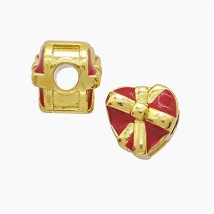 Copper Heart Beads Red Enamel Large Hole Gold Plated, approx 13mm, 4mm hole