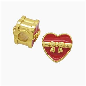 Copper Heart Beads Red Enamel Large Hole Gold Plated, approx 13mm, 4mm hole