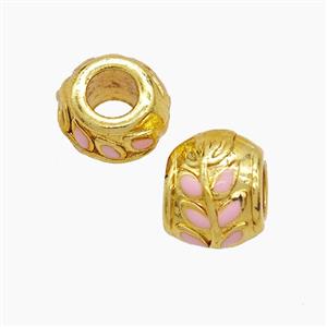 Copper Barrel Beads Pink Enamel Leaf Large Hole Gold Plated, approx 9-11mm, 5mm hole
