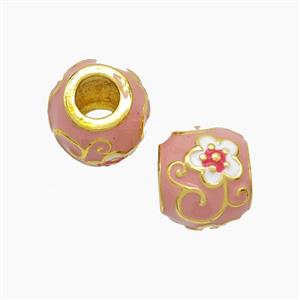 Copper Barrel Beads Pink Enamel Flower Large Hole Gold Plated, approx 10-11mm, 5mm hole