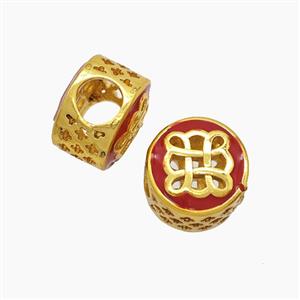 Copper Button Beads Red Enamel Knot Large Hole Gold Plated, approx 11mm, 5mm hole