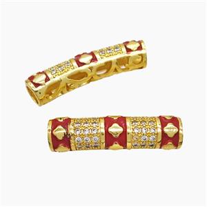 Copper Tube Beads Pave Zirconia Red Enamel Curving Large Hole Gold Plated, approx 8-30mm, 5mm hole