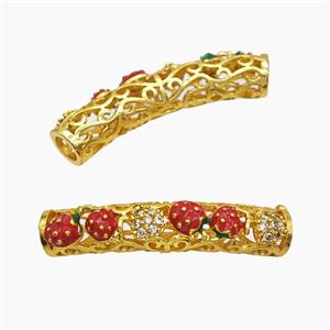 Copper Tube Beads Pave Zirconia Red Enamel Strawberry Curving Large Hole Gold Plated, approx 7-38mm, 5mm hole