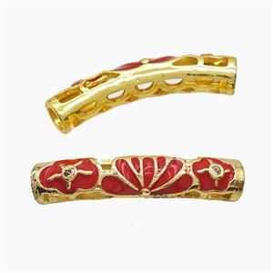 Copper Tube Beads Red Enamel Flower Curving Large Hole Gold Plated, approx 7-38mm, 5mm hole