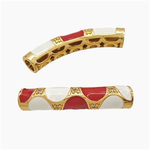 Copper Tube Beads Pave Zirconia White Red Enamel Curving Large Hole Gold Plated, approx 7-38mm, 5mm hole